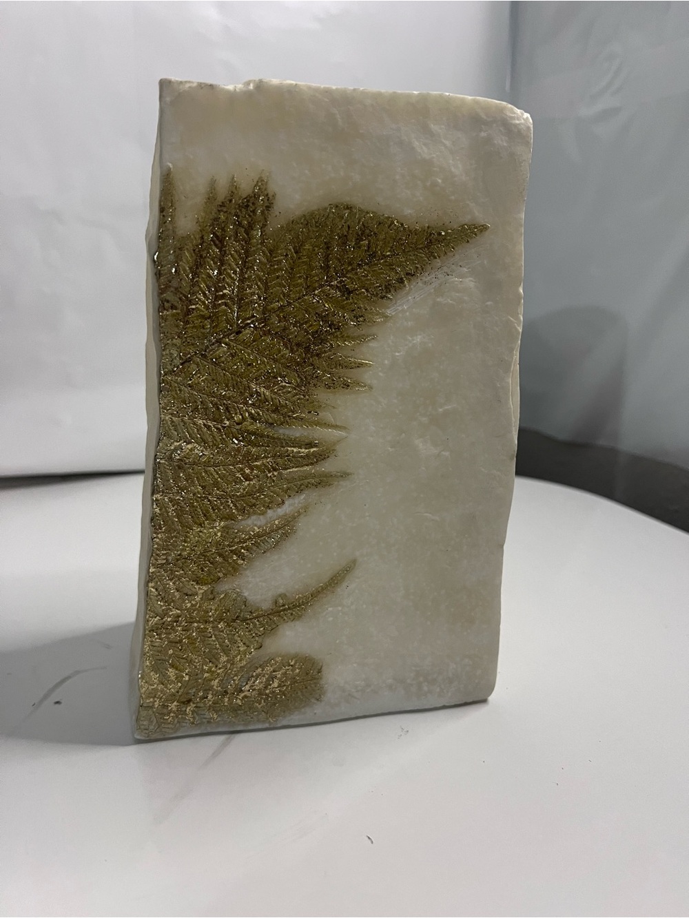 White Marble Decorative Block with Gold Fern Accent